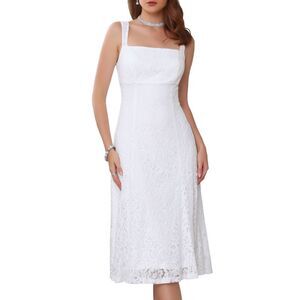 Women's Lace Prom Dress Straps Sleeveless Formal Evening Midi Dress White